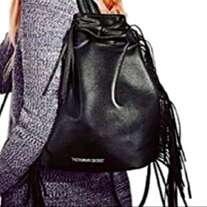 Victoria's Secret Fashion Backstage Black Faux Fur Fringe Backpack Bucket Bag